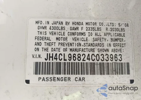2004 Acura Tsx z USA, uszkodzony, nr VIN JH4CL96824C033963